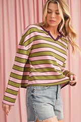 Spinach Green Striped V-Neck Rib-knit Pullover Top
