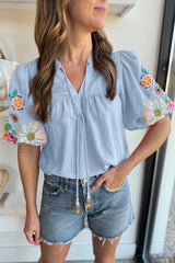 Beau Blue Floral Embroidered Puff Sleeve Split Neck Blouse