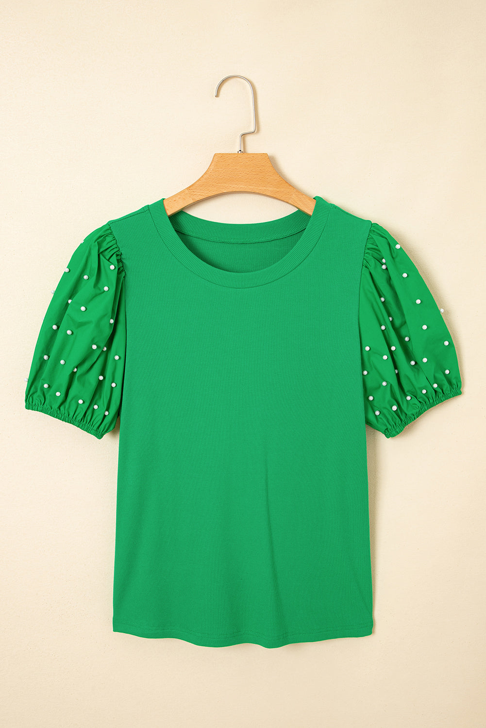 Bright Green Pearl Beaded Puff Sleeve Ribbed Top