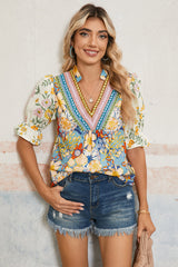 Multicolour Half Sleeve Boho Floral Pop of Color Neckline Blouse