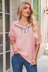 Light Pink Puff Sleeve Zipper Pop of Color Neckline Blouse