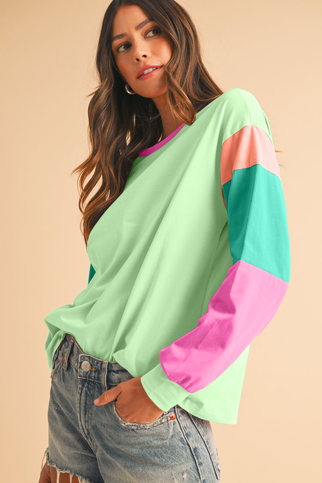 Green Color Block Sleeve Loose Fit Top