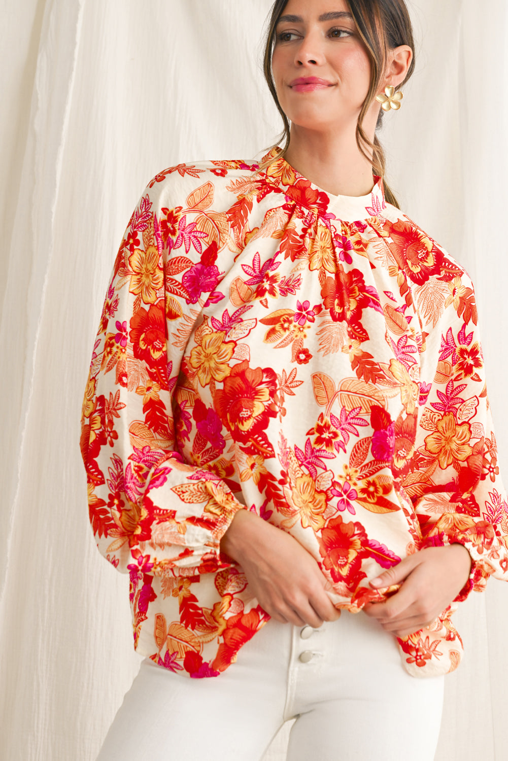 Orange Boho Floral Lantern Sleeve Blouse