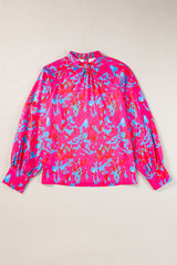 Purple Abstract Stand Neck Puff Sleeve Blouse