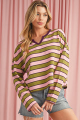 Spinach Green Striped V-Neck Rib-knit Pullover Top