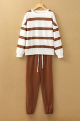 Brown Striped Drop Shoulder Pullover and Joggers Set