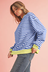 Blue Stripe Contrast Edge Cross Seam Oversized Pullover