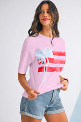 Light Pink Flag Bow Graphic Crewneck Tee
