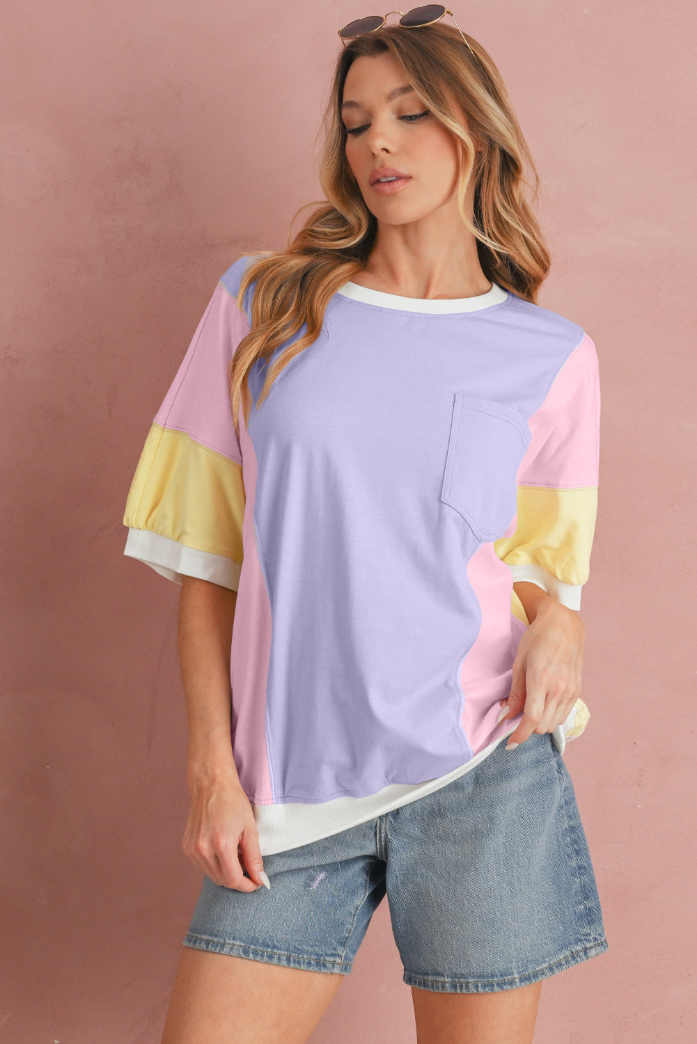 Purple Colorblock Patchwork Oversized T Shirt