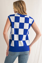 Dark Blue Checkered Knit Top