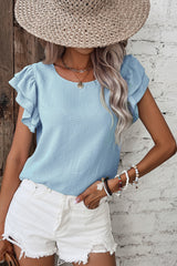 Mist Blue Solid Color Ruffle Sleeve Crinkled Blouse