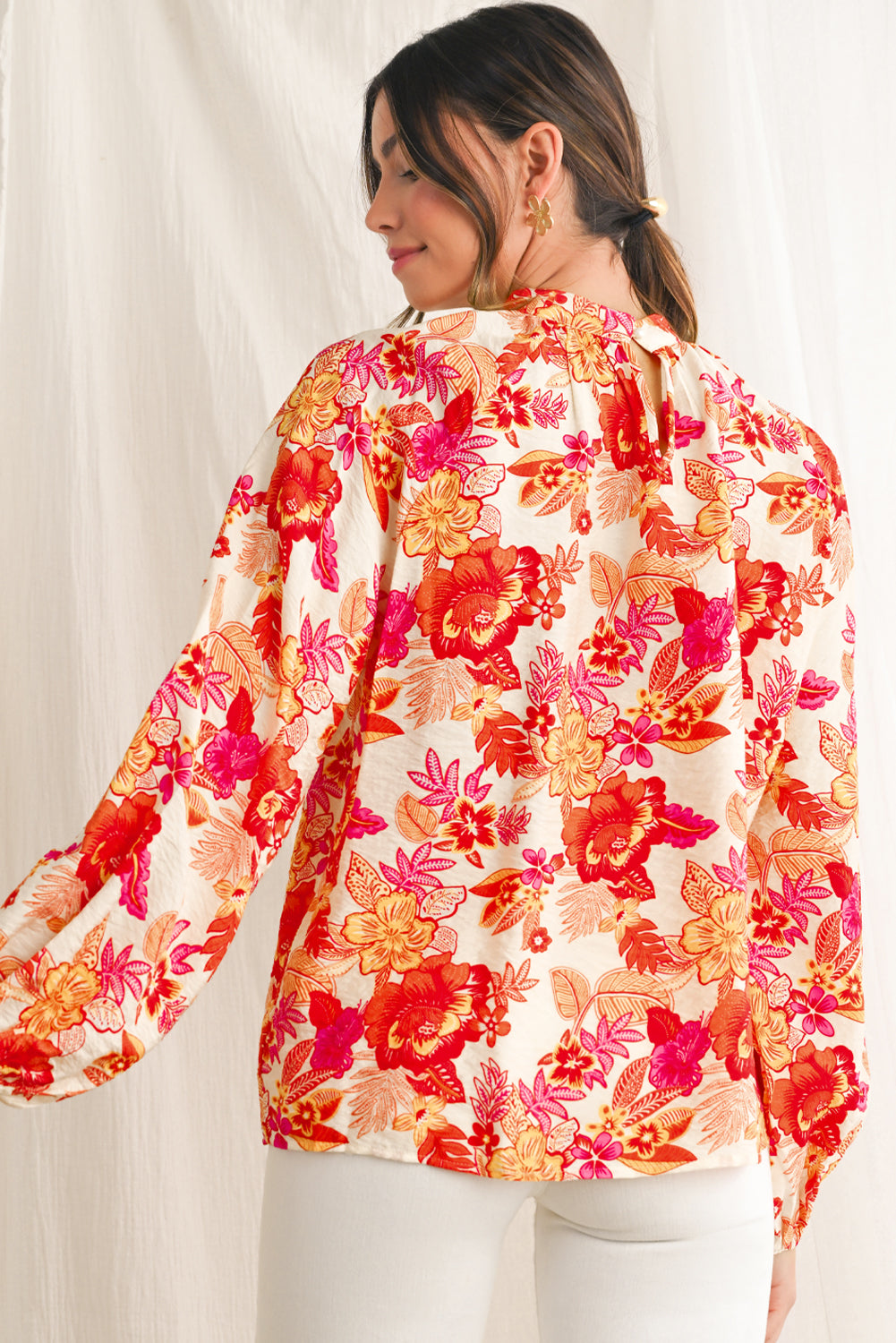 Orange Boho Floral Lantern Sleeve Blouse