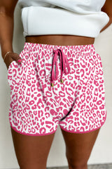 Pink Leopard Elastic Waist Lace up Contrast Trim Casual Shorts