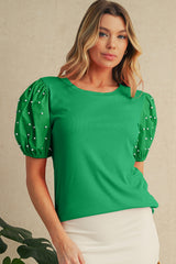 Bright Green Pearl Beaded Puff Sleeve Ribbed Top