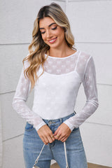 White Bow Pattern Long Sleeve Slim Fit Mesh Top