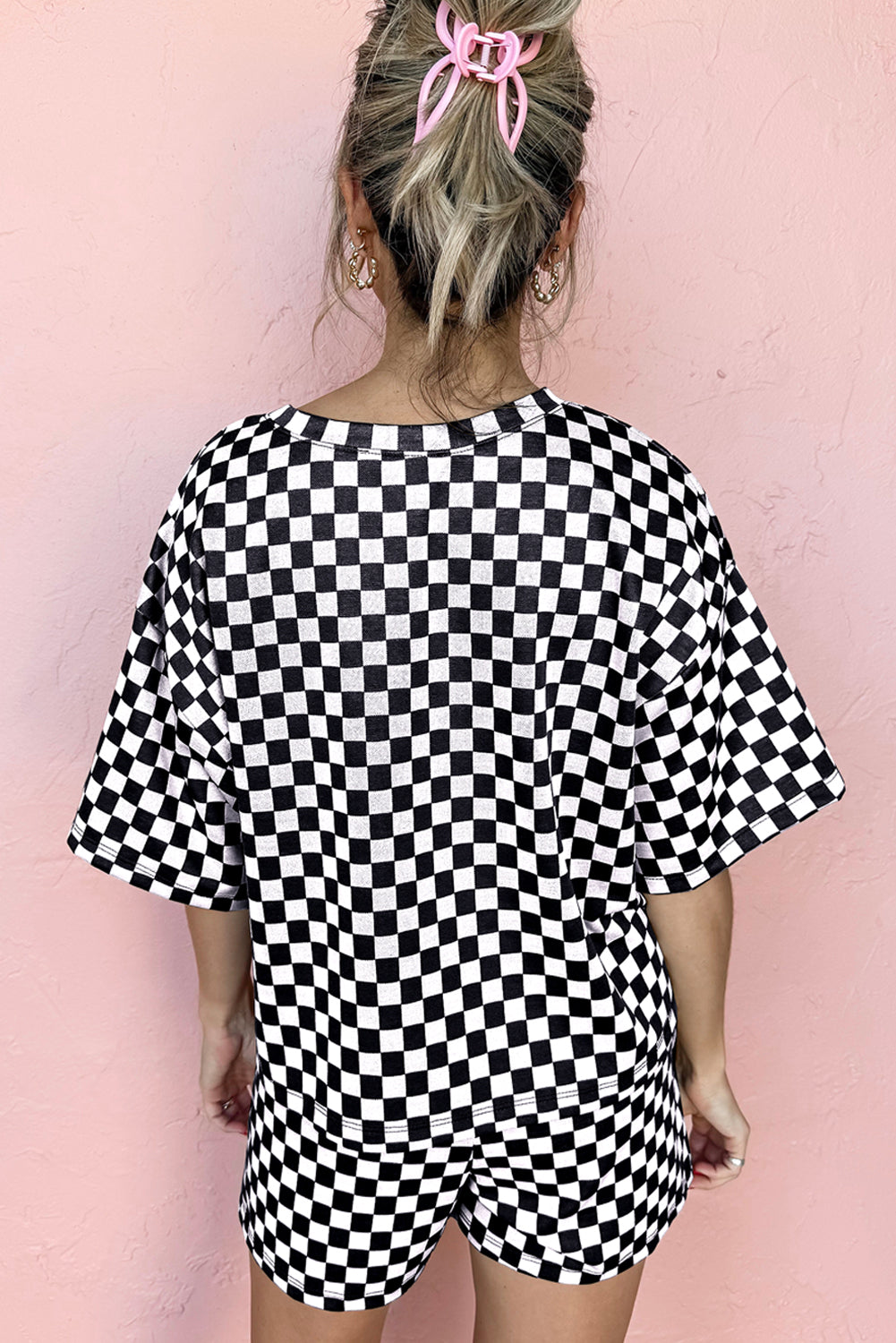 Black Checkered Top and Drawstring Shorts Pajama Set