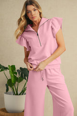 Pink Textured Ruffle Sleeve Zipped Top and Wide Leg Pants Set