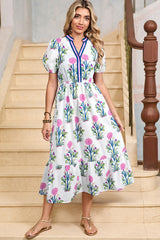 White Floral Ruffle Hem Pop of Color Neckline Dress