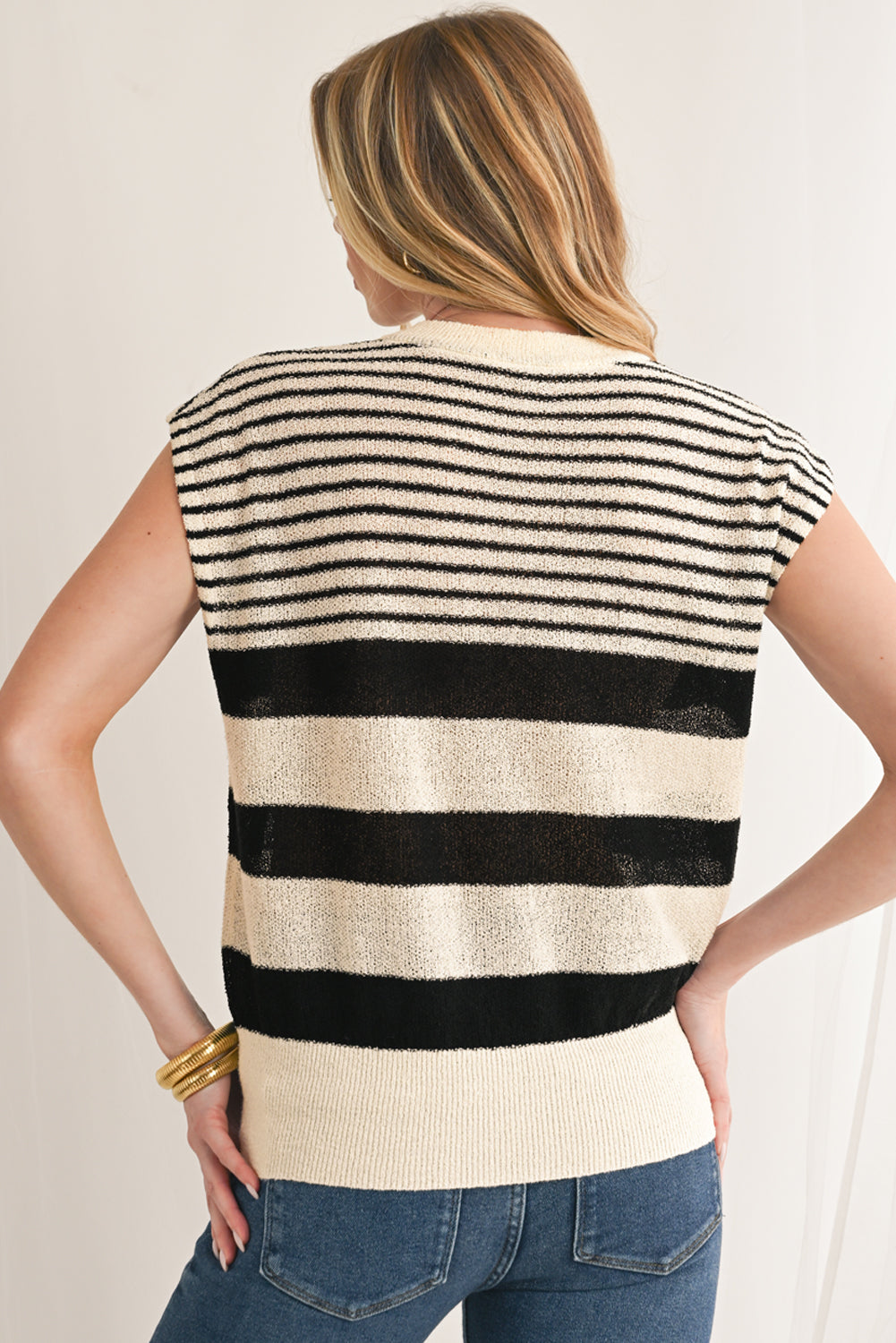 Black White Striped Sleeveless Knit Top