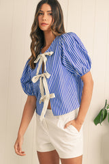 Blue Stripe Bow Tie Front Puff Short Sleeve Blouse
