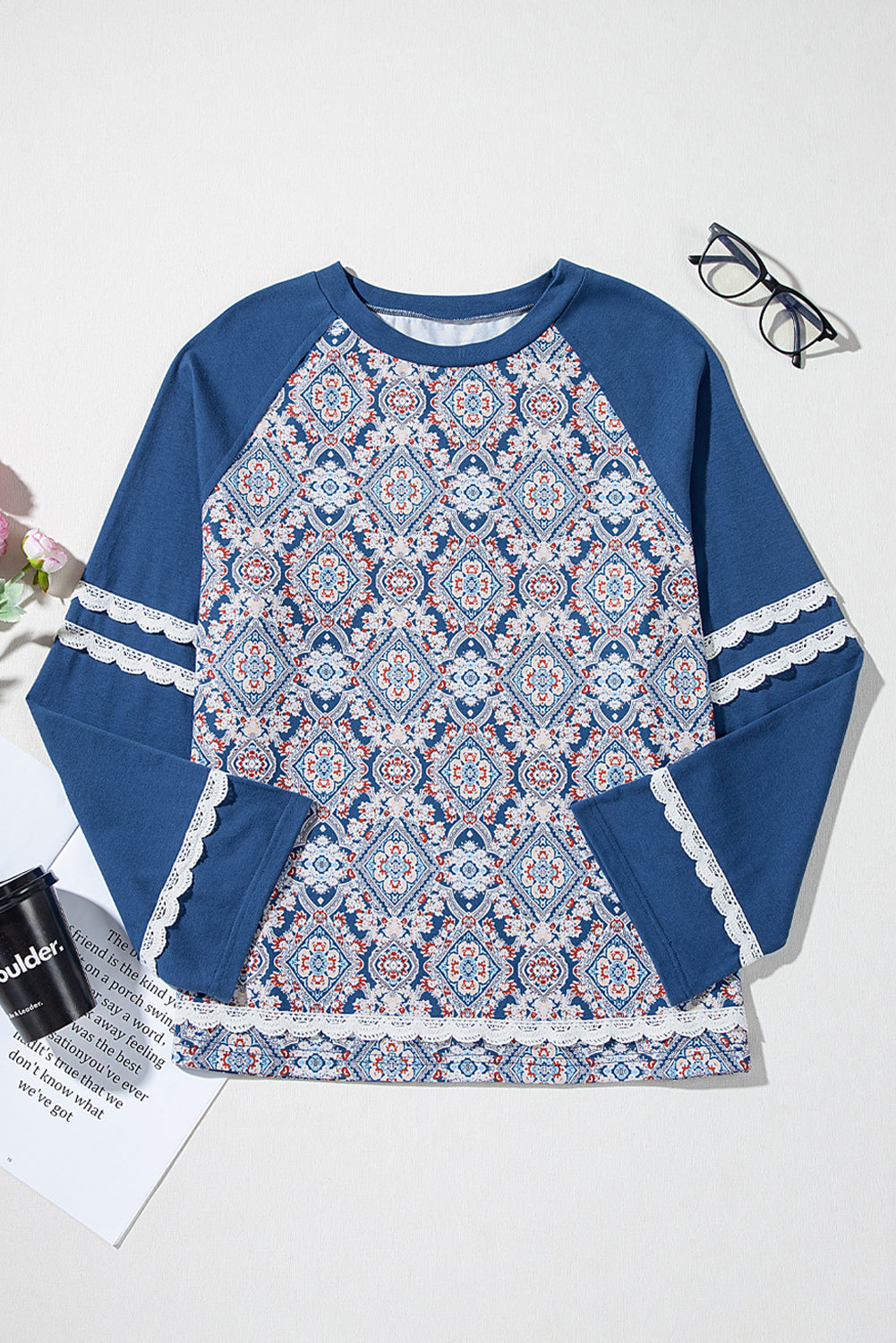 Blue Boho Geometric Print Lace Ricrac Raglan Sleeve Blouse