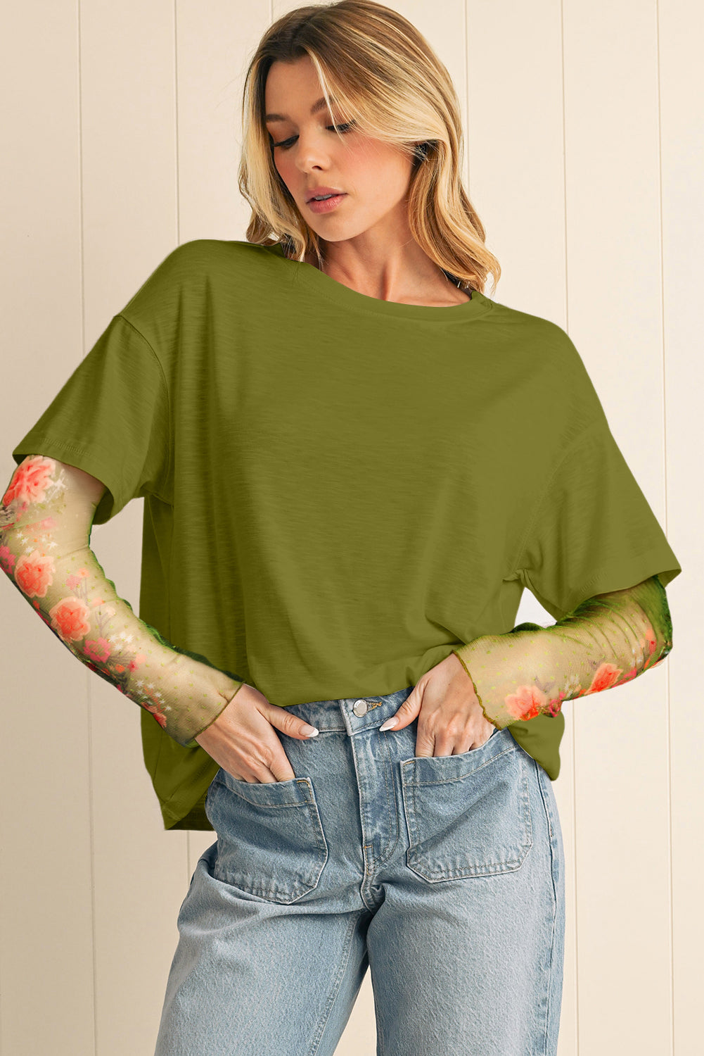 Fern Green Floral Mesh Patchwork Sleeve Crewneck Top