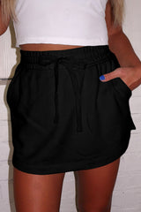 Black French Terry Drawstring Mini Skort with Pockets
