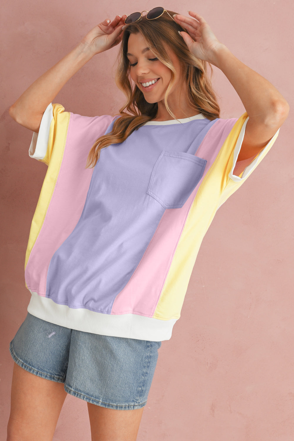 Purple Colorblock Patchwork Oversized T Shirt