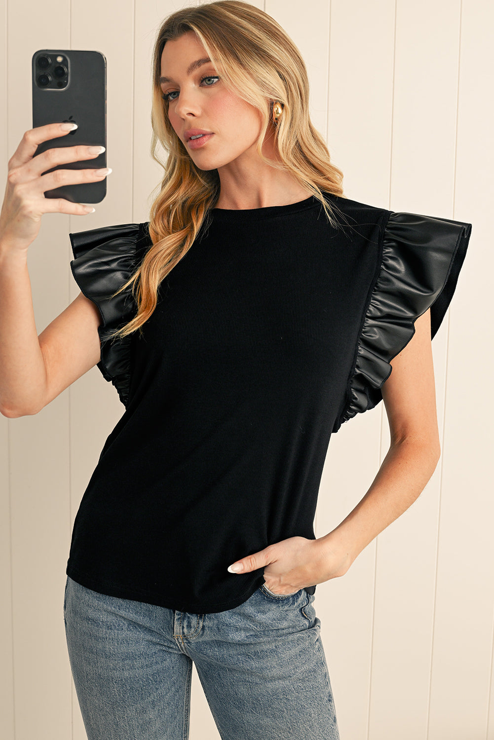 Black Leather Ruffle Shoulder Plain Blouse
