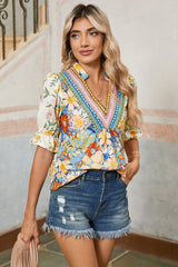 Multicolour Half Sleeve Boho Floral Pop of Color Neckline Blouse