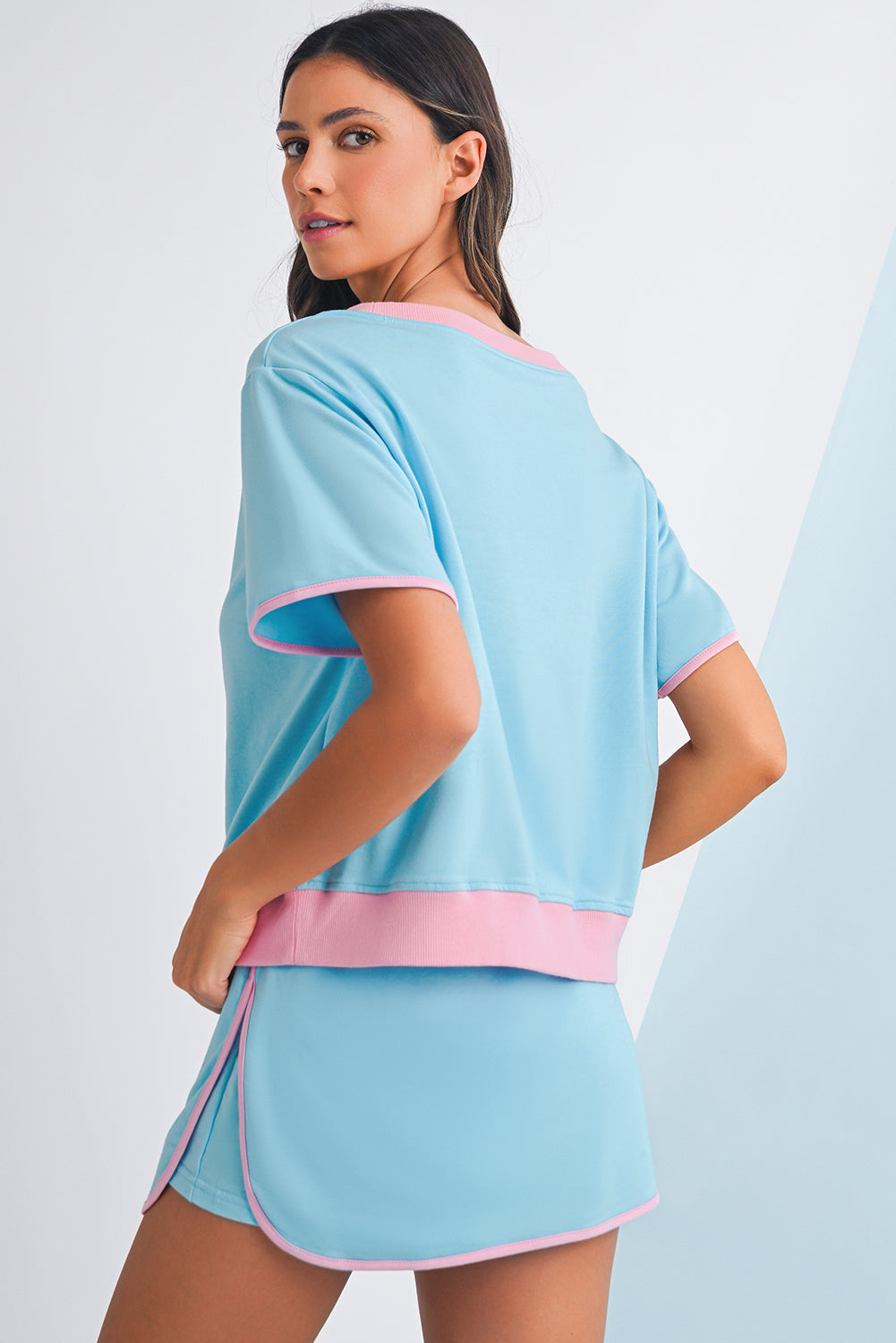 Turquoise Colorblock Edge Drop Shoulder T Shirt and Skort Set
