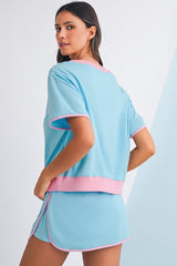 Turquoise Colorblock Edge Drop Shoulder T Shirt and Skort Set