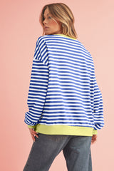 Blue Stripe Contrast Edge Cross Seam Oversized Pullover