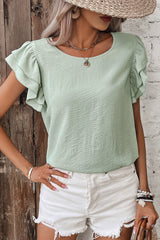 Clearly Aqua Solid Color Ruffle Sleeve Crinkled Blouse