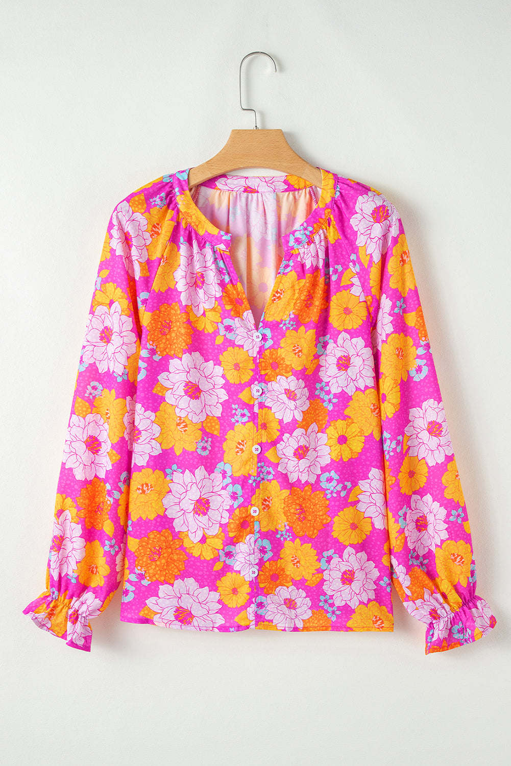 Rose Flower Print V Neck Relaxed Sleeve Blouse