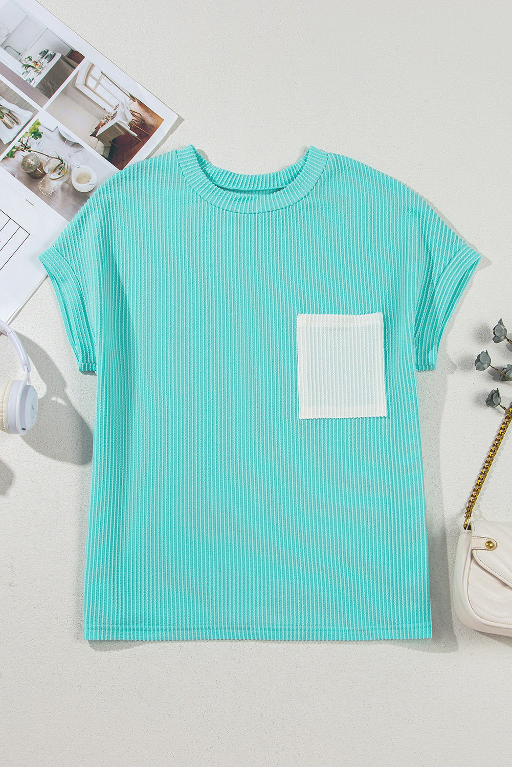Light Blue Corded Colorblock Pocket Crew Neck T Shirt