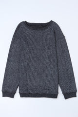 Plain Gray Solid Ribbed Knit Round Neck Pullover Sweatshirt