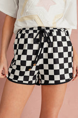 Black Checkered Drawstring Elastic Waist Casual Shorts