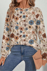 Khaki Allover Floral Print Crew Neck Long Sleeve Top