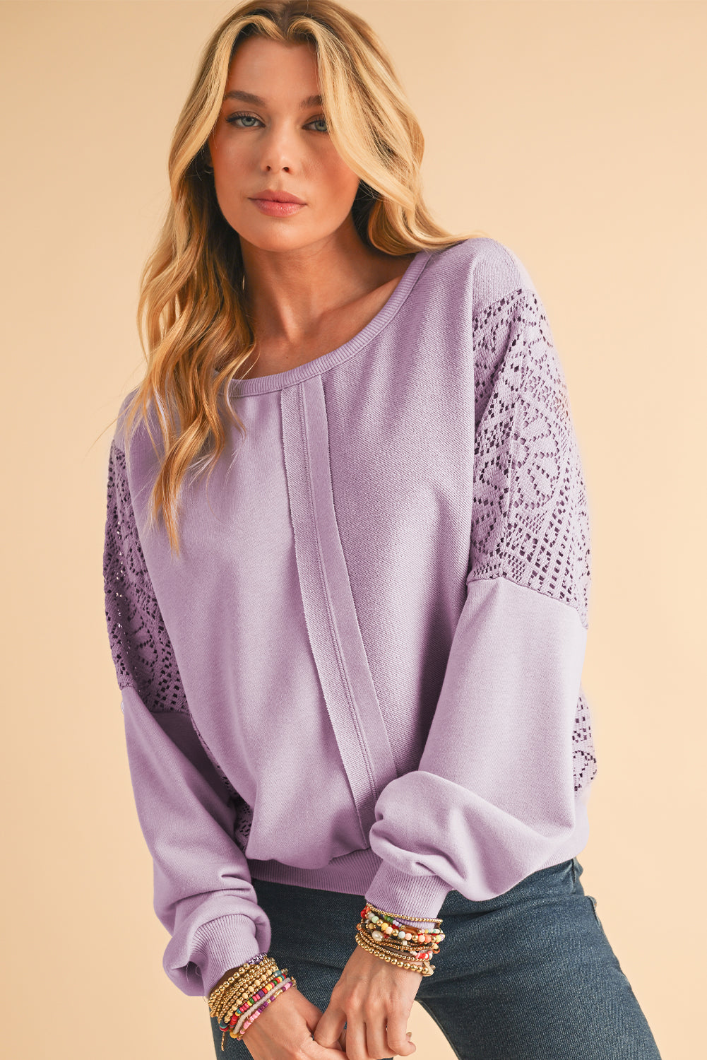 Orchid Petal Crochet Patchwork Exposed Seam Ribbed Trim Sweatshirt