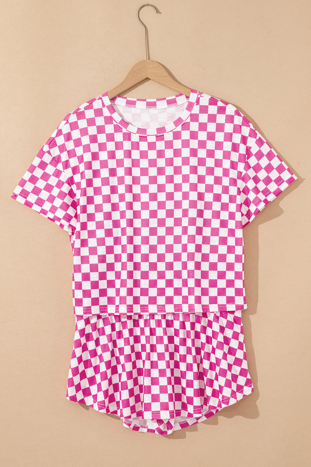 Pink Checkerboard T Shirt and High Waist Skorts Set