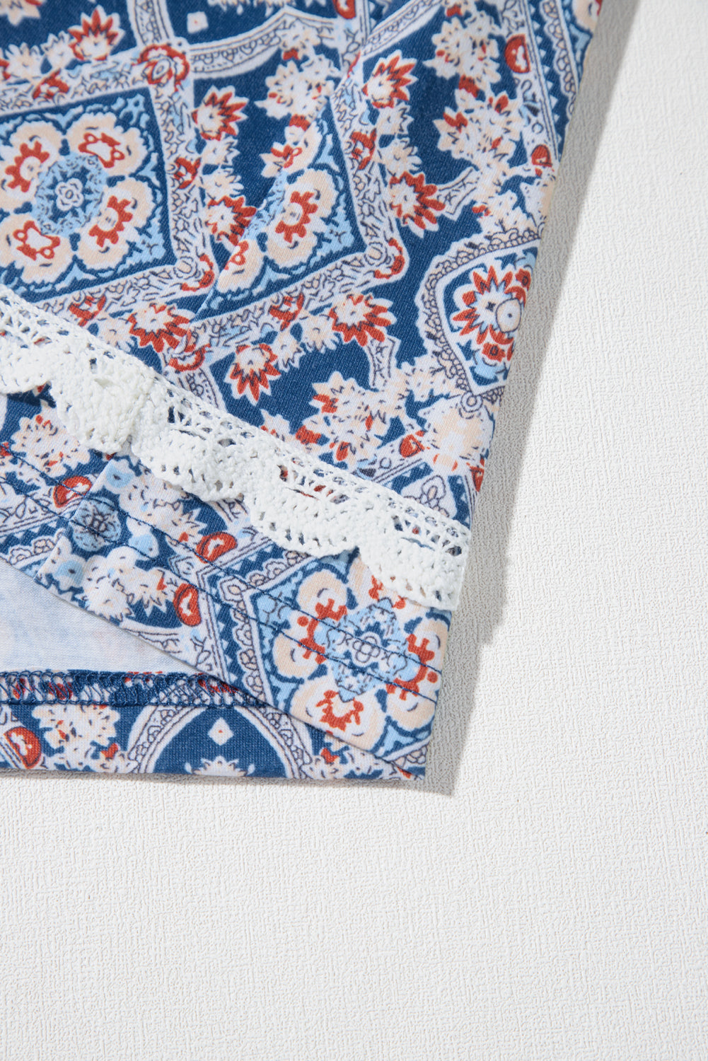 Blue Boho Geometric Print Lace Ricrac Raglan Sleeve Blouse