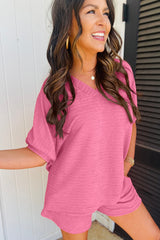 Pink Textured V Neck T Shirt and Shorts Set