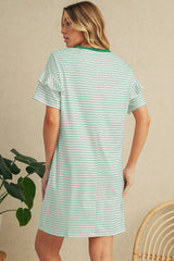 Green Stripe Ruffle Short Sleeve T Shirt Mini Dress