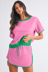 Bonbon Colorblock Edge Drop Shoulder T Shirt and Skort Set
