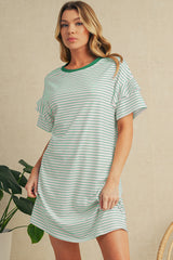Green Stripe Ruffle Short Sleeve T Shirt Mini Dress