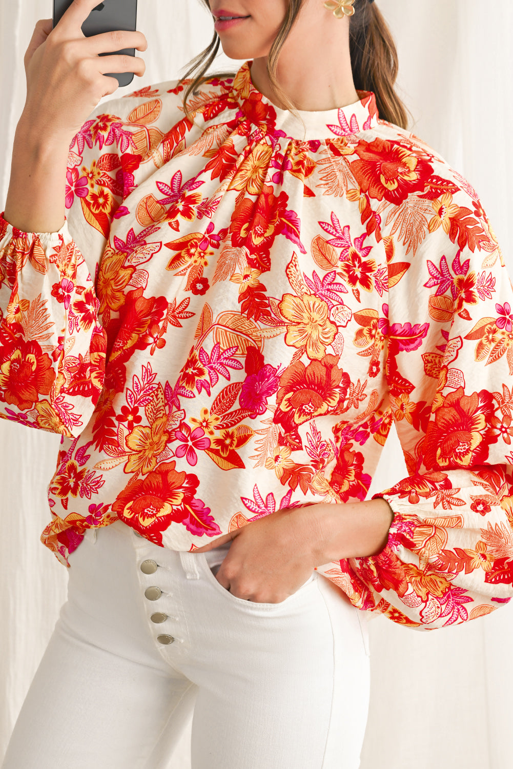 Orange Boho Floral Lantern Sleeve Blouse