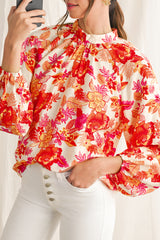 Orange Boho Floral Lantern Sleeve Blouse