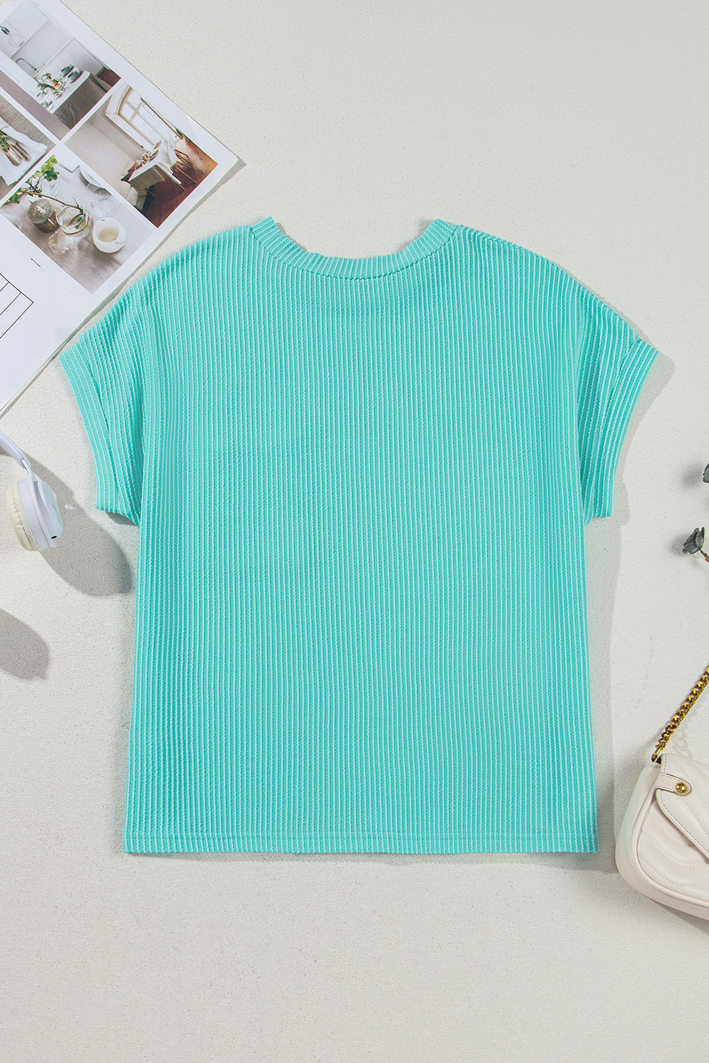 Light Blue Corded Colorblock Pocket Crew Neck T Shirt