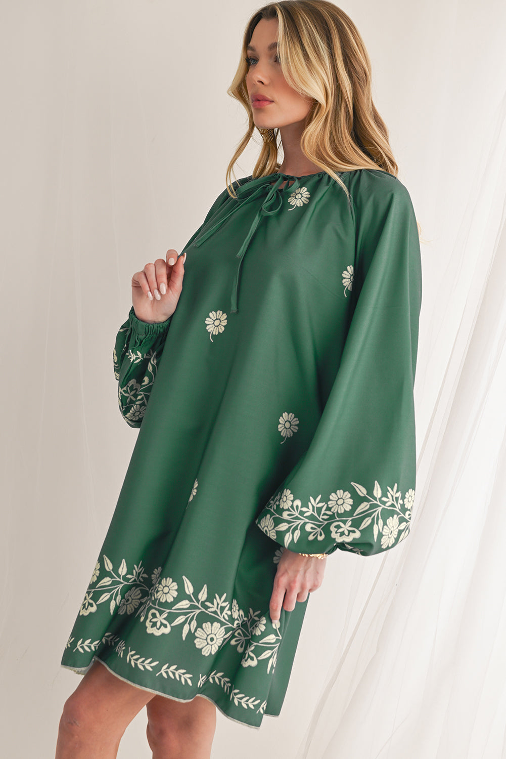 Mist Green Boho Floral V Neck Mini Dress